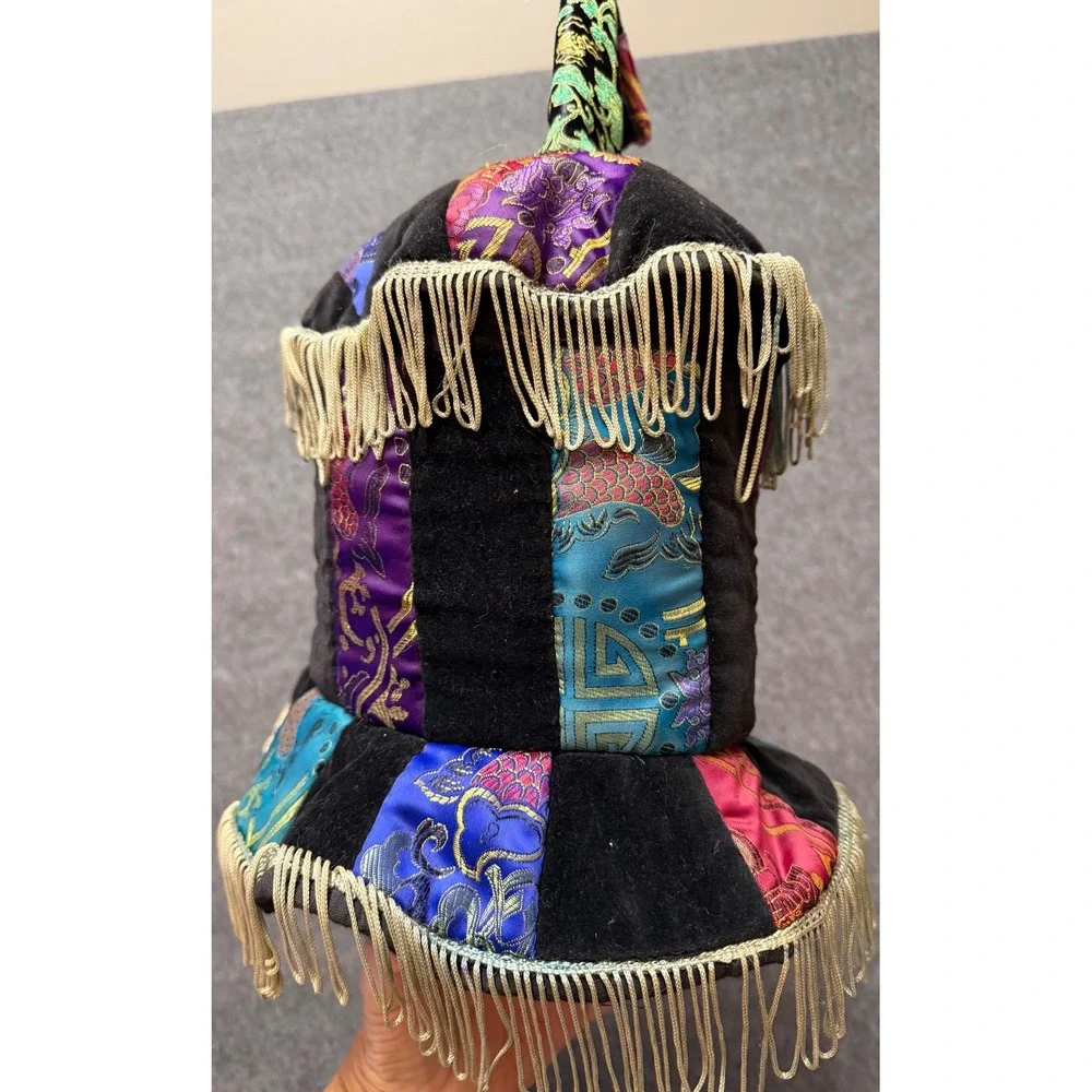 Colorful Renaissance Velvet Patchwork Jester Hat with Gold Fringe and Tassel